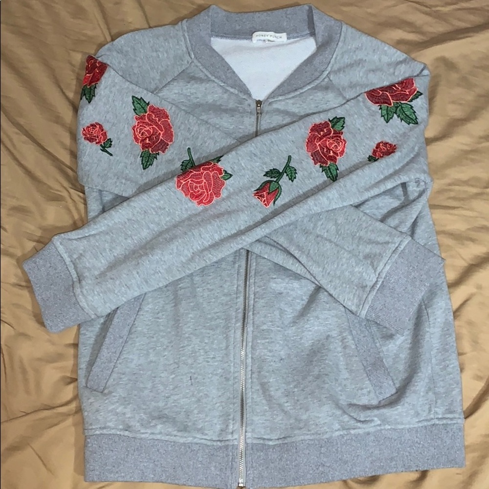 Gray bomber sweatshirt with rose embroidery
